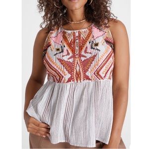 Dolan Velia Embroidered Boho Aztec Sleeveless Blouse Tank Stitch Maroon Neon